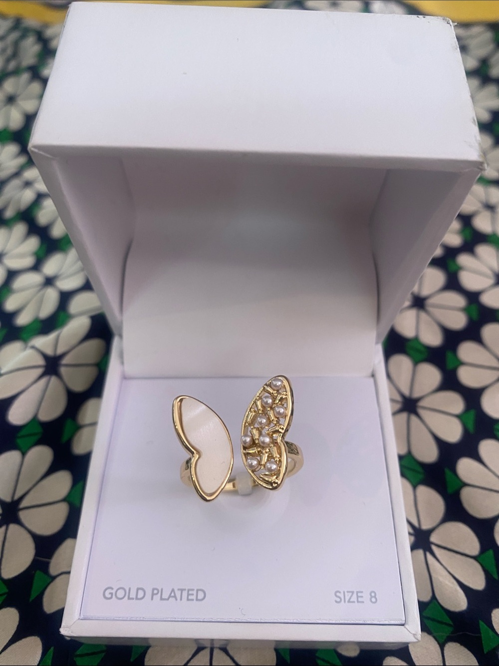 Charter Club Gold-Plated Butterfly Open Ring with White Enamel and Crystal Wing